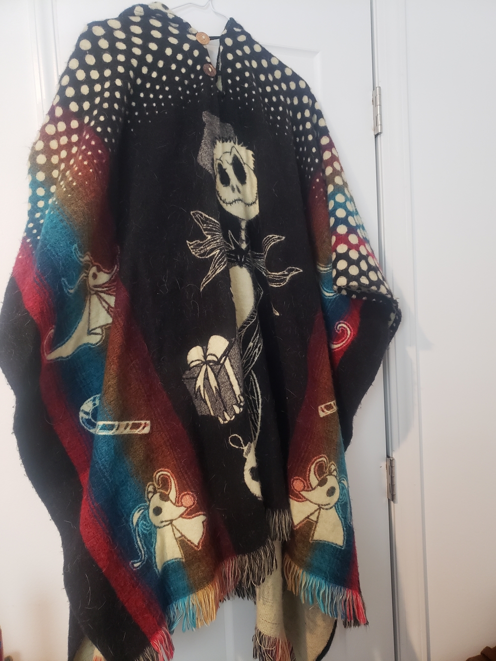 Black Jack Skellington Holiday Poncho with Multicolor Accents